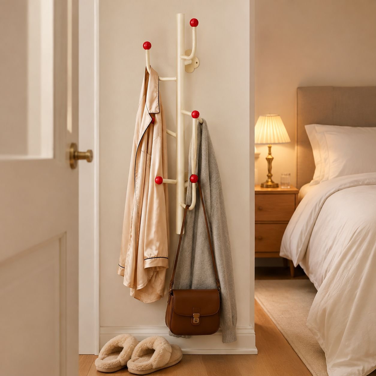 Adhesive wall-mounted rack organizing towels in bathroom