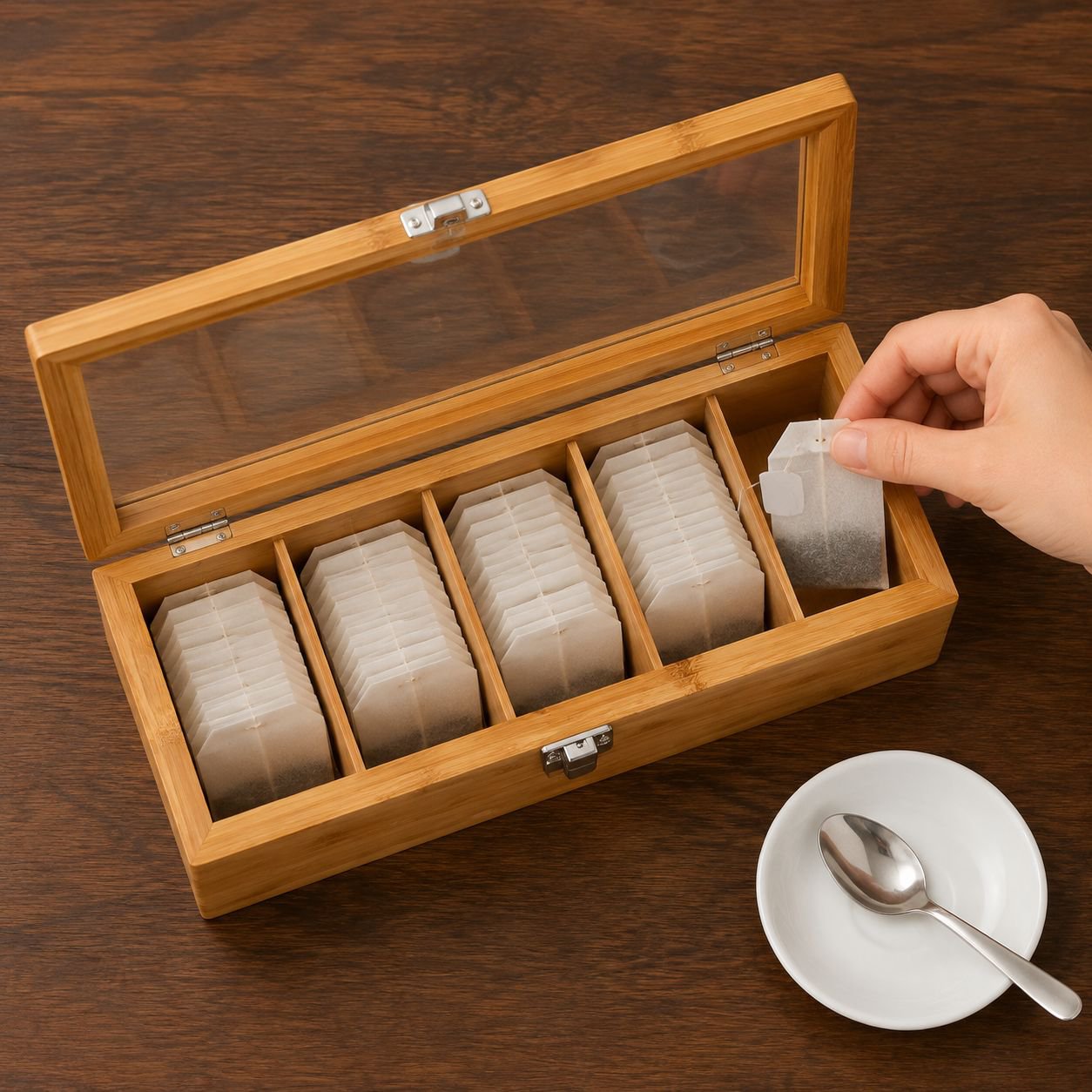 Tea and coffee storage box with compartments