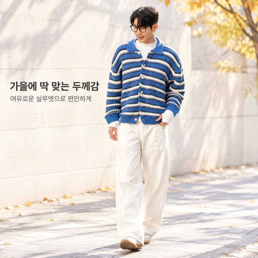 남성용 블루 앤 화이트 줄무늬 카라 니트 가디건 가을 시즌 너플한 멋이 있는 스웨터 상의