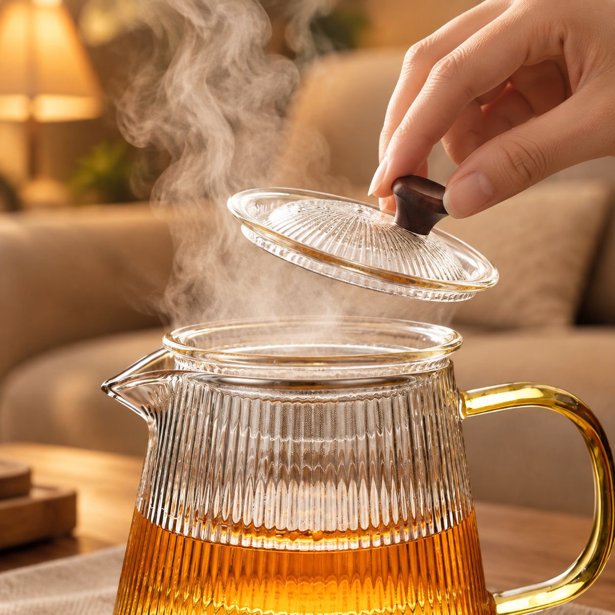 Modern striped glass teapot with a sleek handle and spout