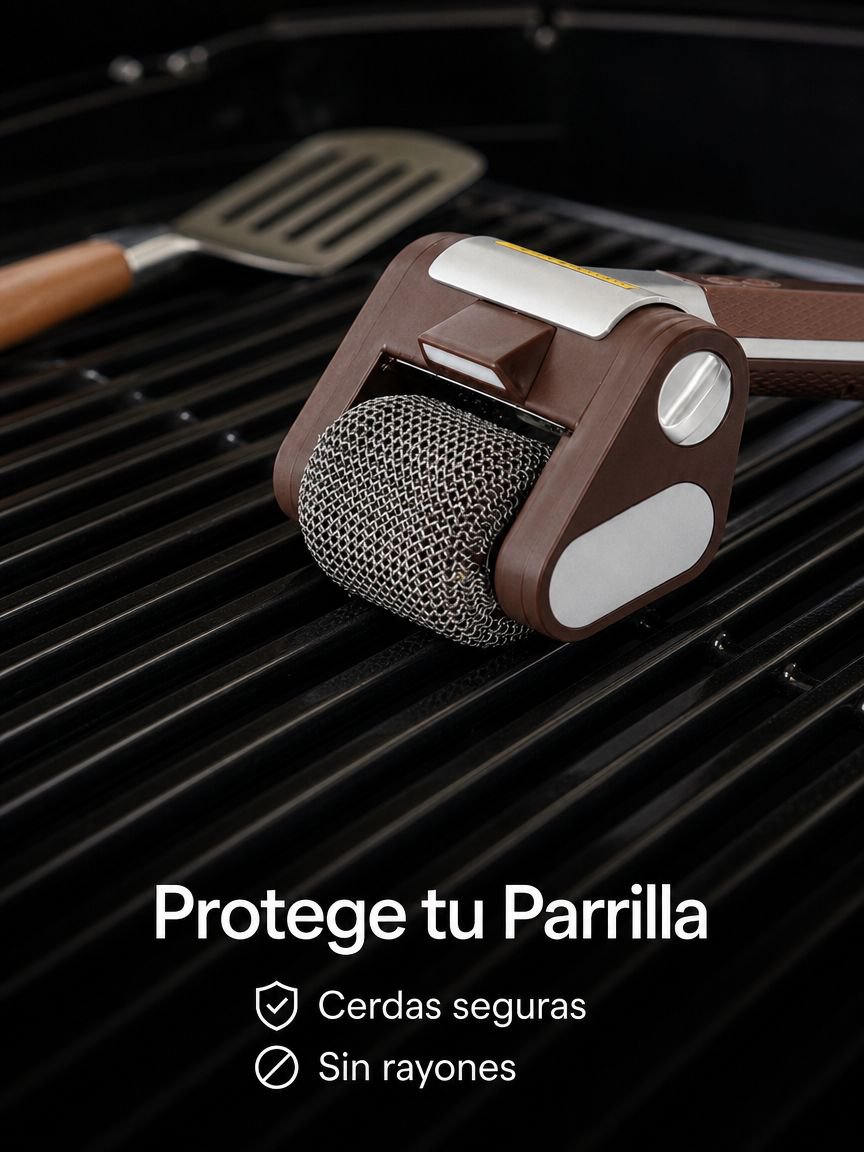 Cepillo limpiador de parrillas con rodillo de acero inoxidable