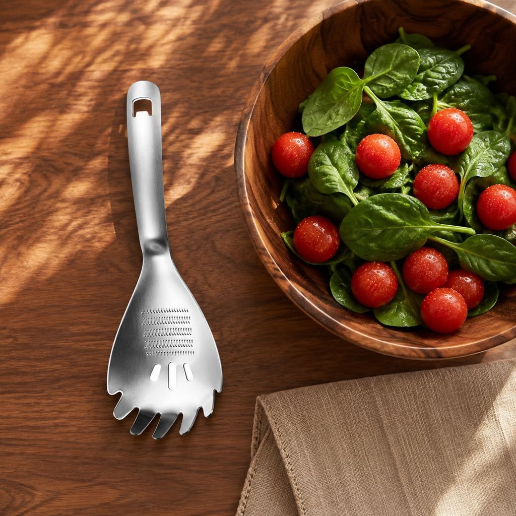 Set of stainless steel grinding spoons with food ingredients