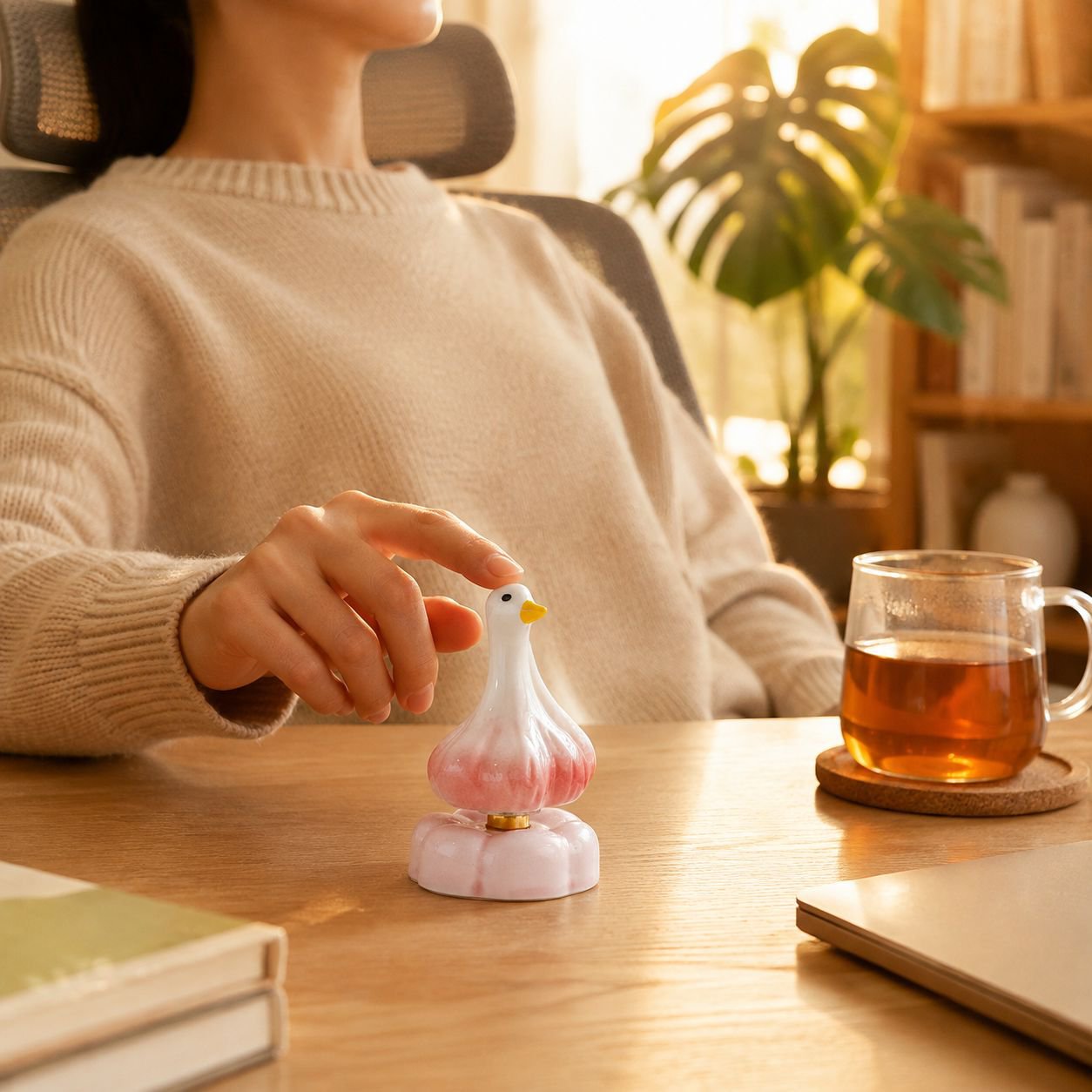 Unique desktop accessory - rotating garlic duck