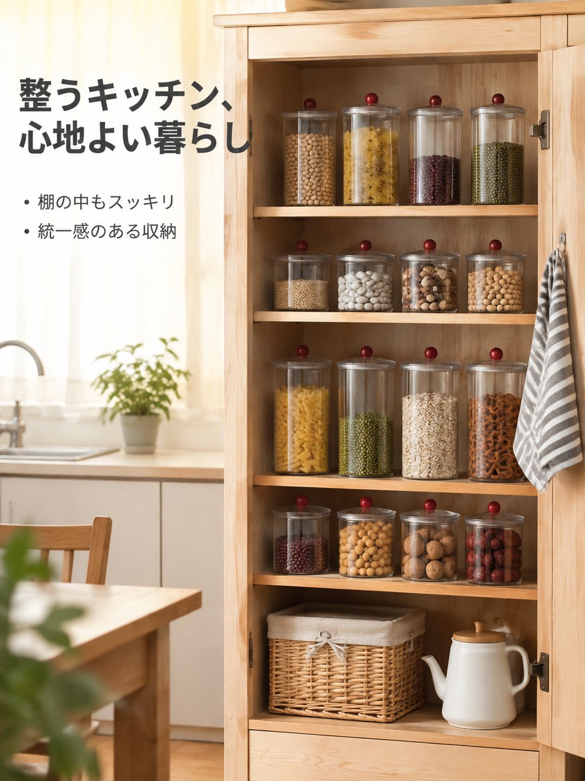 麺類、穀物、スナック菓子、乾燥食品、コーヒー豆などを保存できる、食品グレードの密閉式キッチン保存容器。