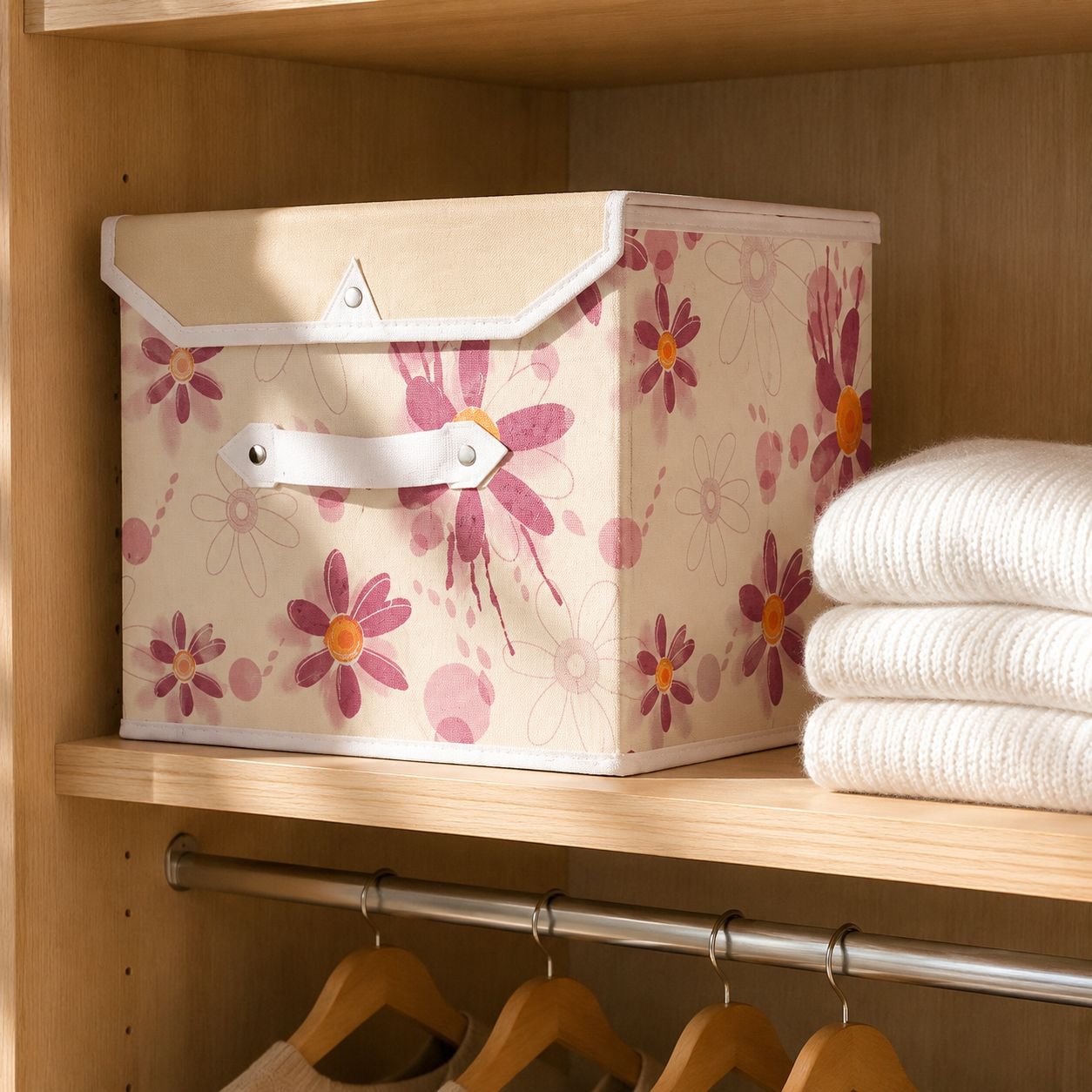 Space-saving fabric storage box with handles