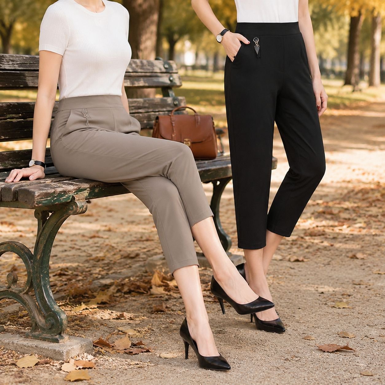 Pantalon cropped taille haute chic pour femmes d'âge moyen, idéal pour l'été et l'automne