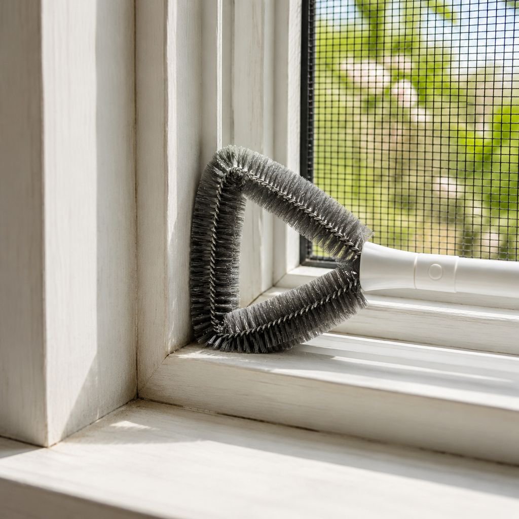 No-Removal Washable Mesh Screen Cleaning Brush in use on window screen