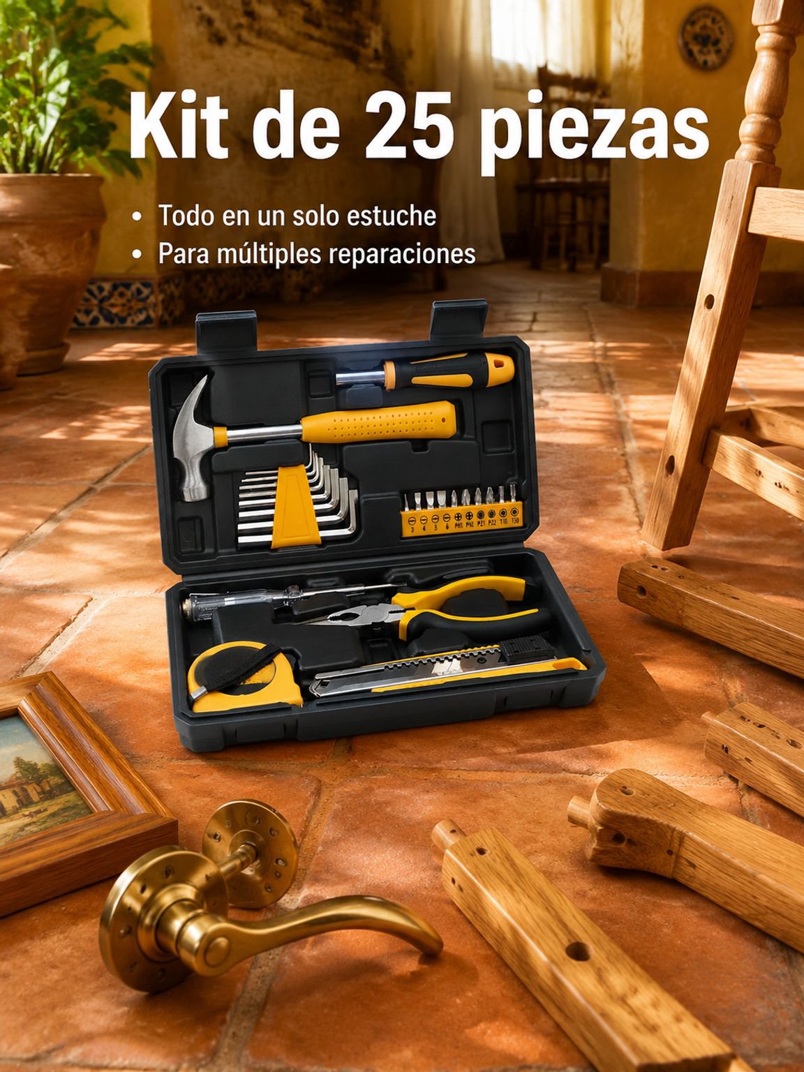Caja de herramientas para el hogar de 25 piezas completa