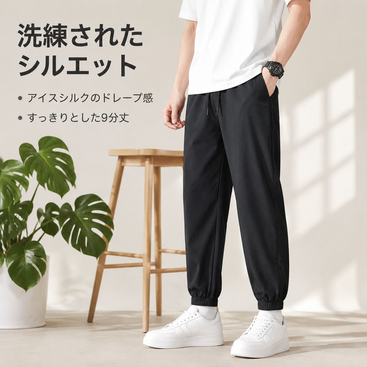 メンズ九分丈アイスシルク速乾パンツ、ルーズ抗菌、通気性裾リブ