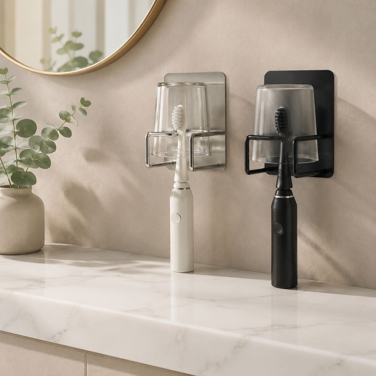 Porte-brosse à dents sans perçage installé sur un mur de salle de bain