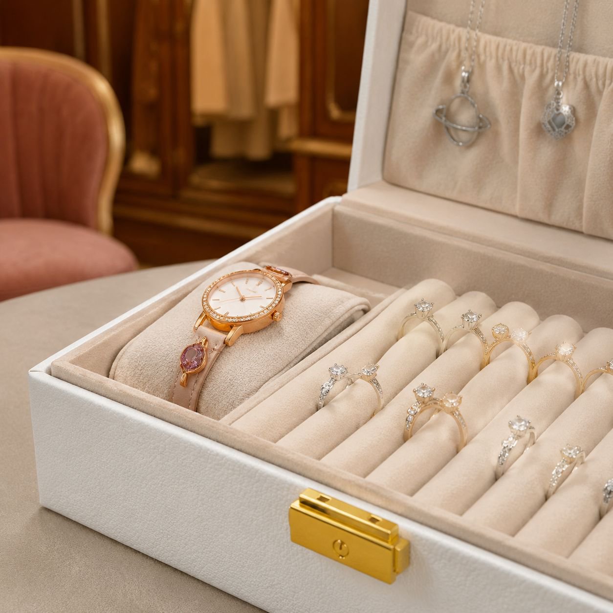 Travel-friendly leather jewelry box in elegant design