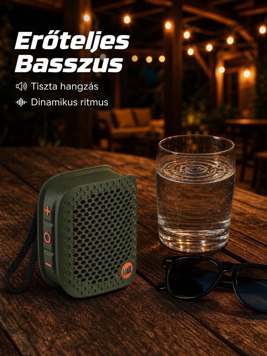Hordozható mélynyomású, hosszú üzemidejű, csíptethető Bluetooth hangszóró