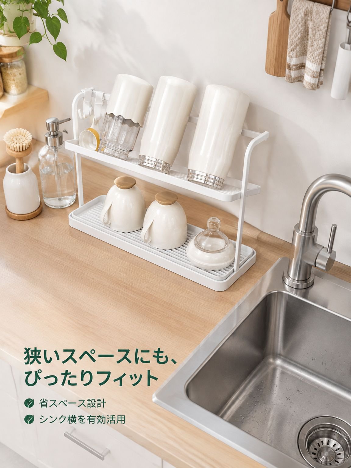 キッチンデスクトップ二層逆さ排水カップラック茶器収納ラック