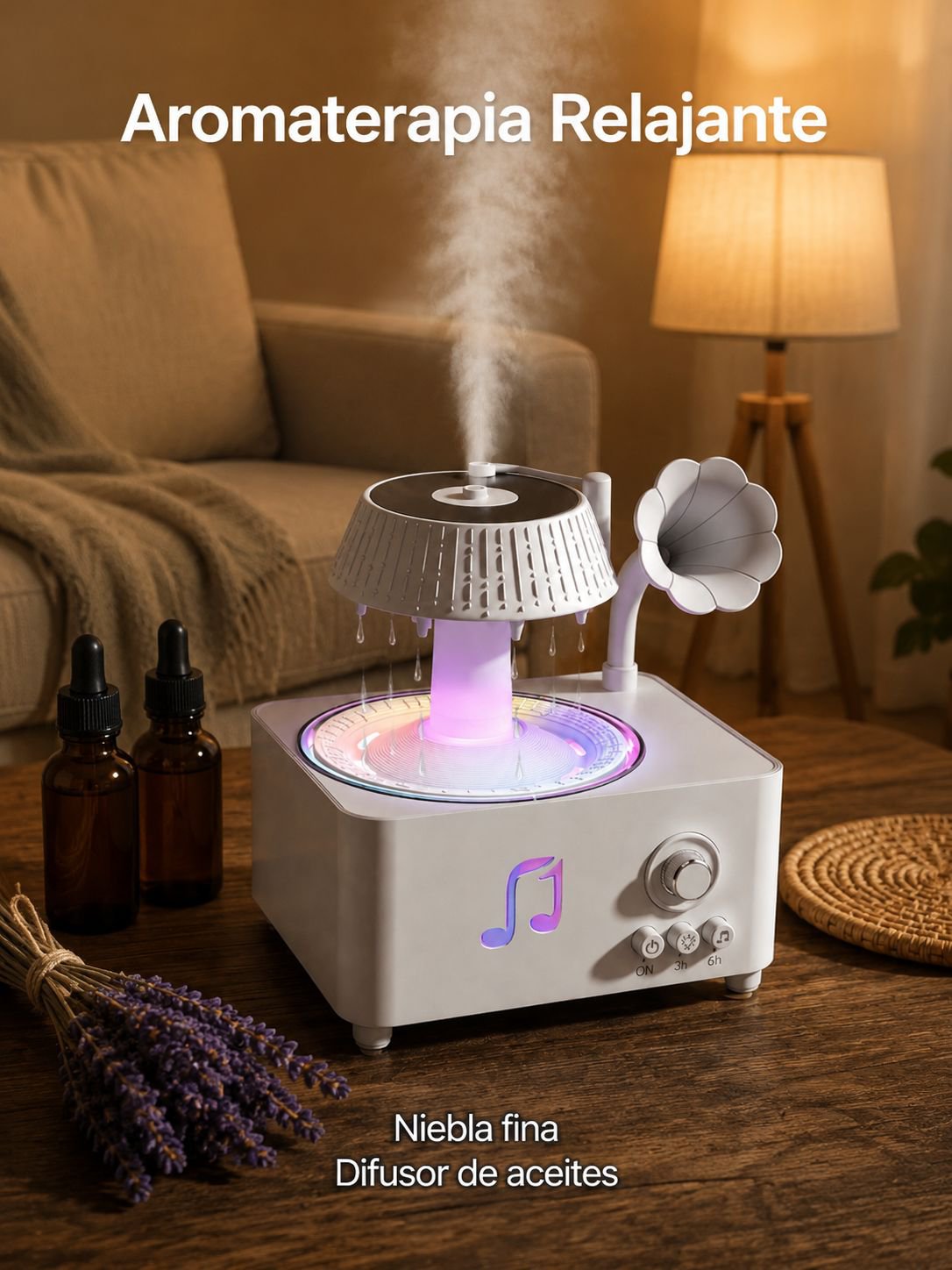 Difusor humidificador retro tipo fonógrafo con control remoto y luz de siete colores para el hogar