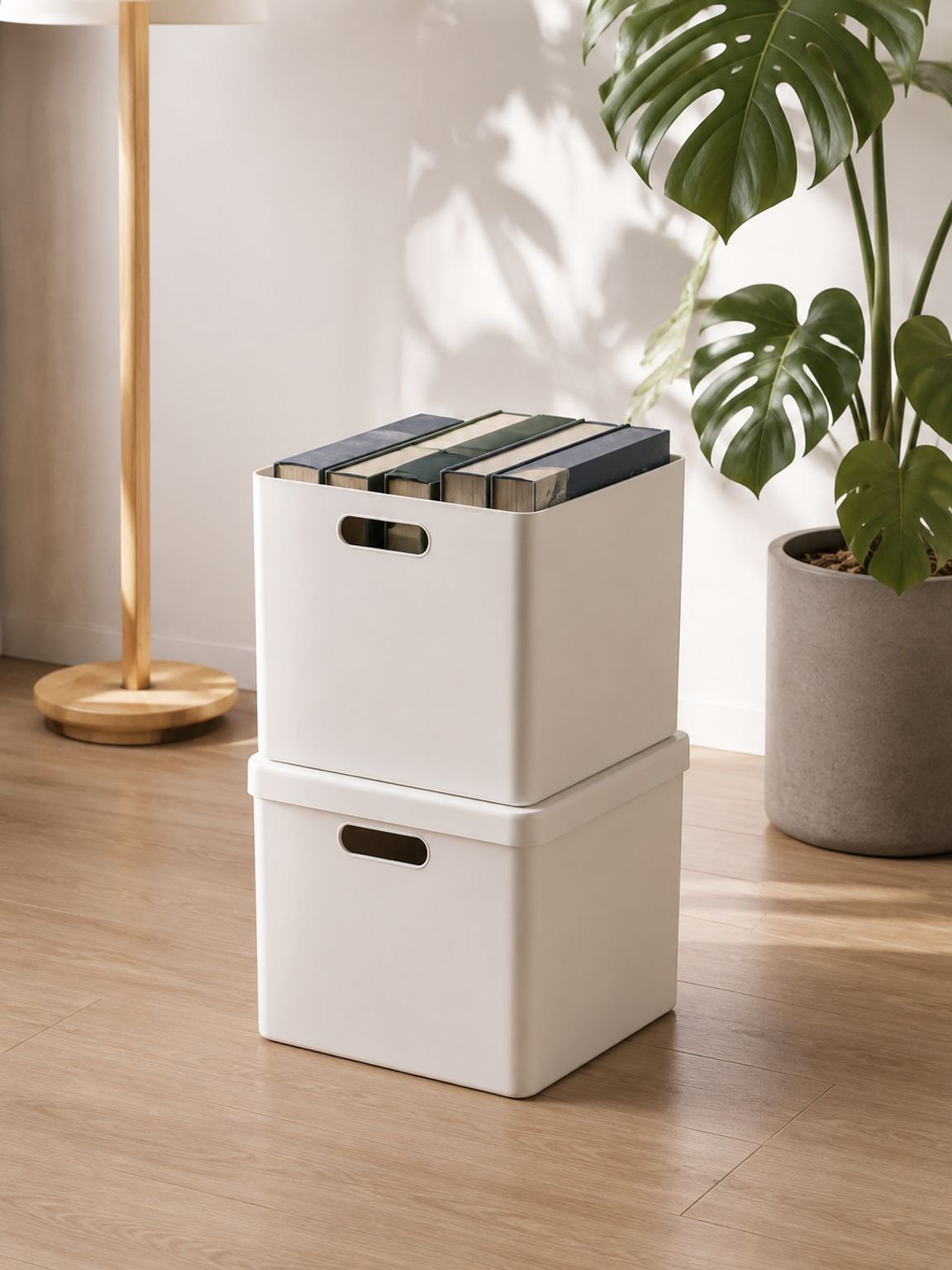 クローゼット内の整理用正方形収纳箱
