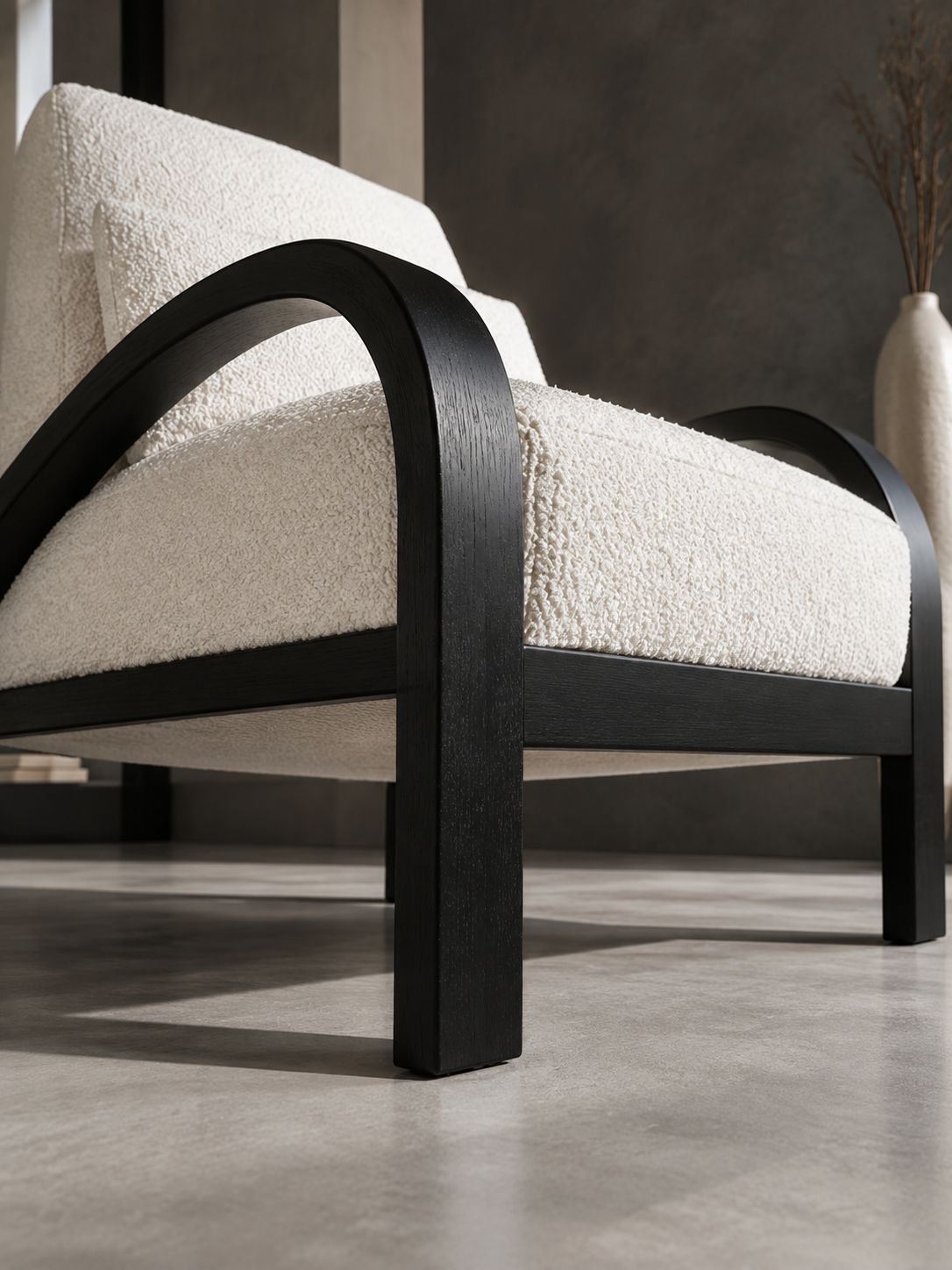Détail du tissu du fauteuil individuel style wabi-sabi