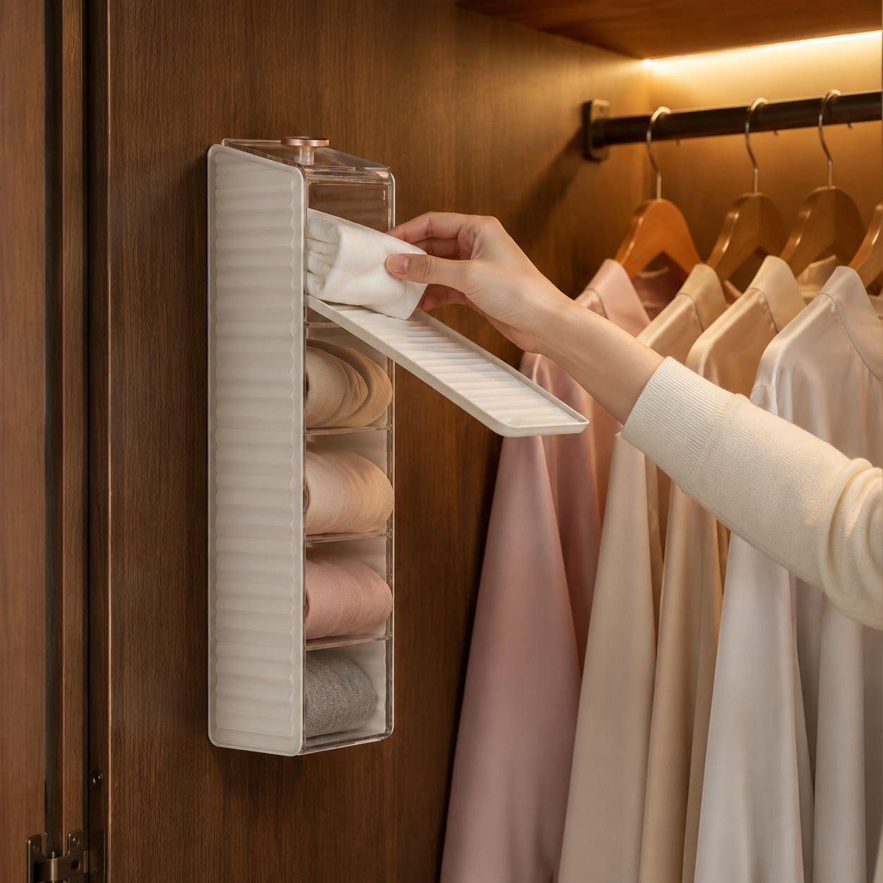 Organized underwear drawer in closet