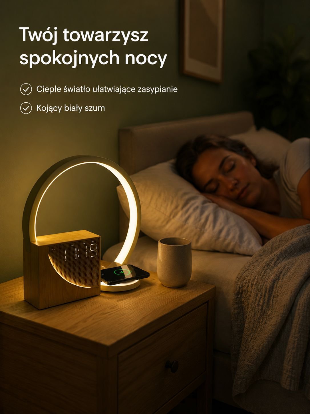 Dotykowa lampka nocna z białym szumem i ładowarką bezprzewodową