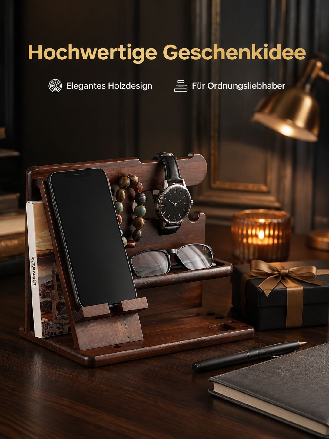 Handyhalter und Organizer aus Massivholz für Büro, Schlüssel- und Uhrenständer