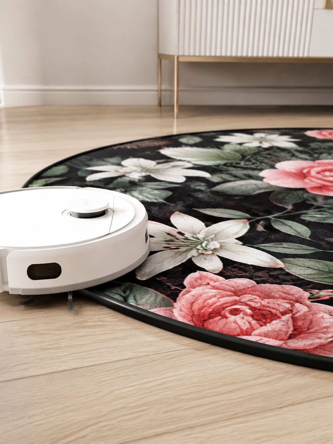 Close-up of rose motif on round area rug
