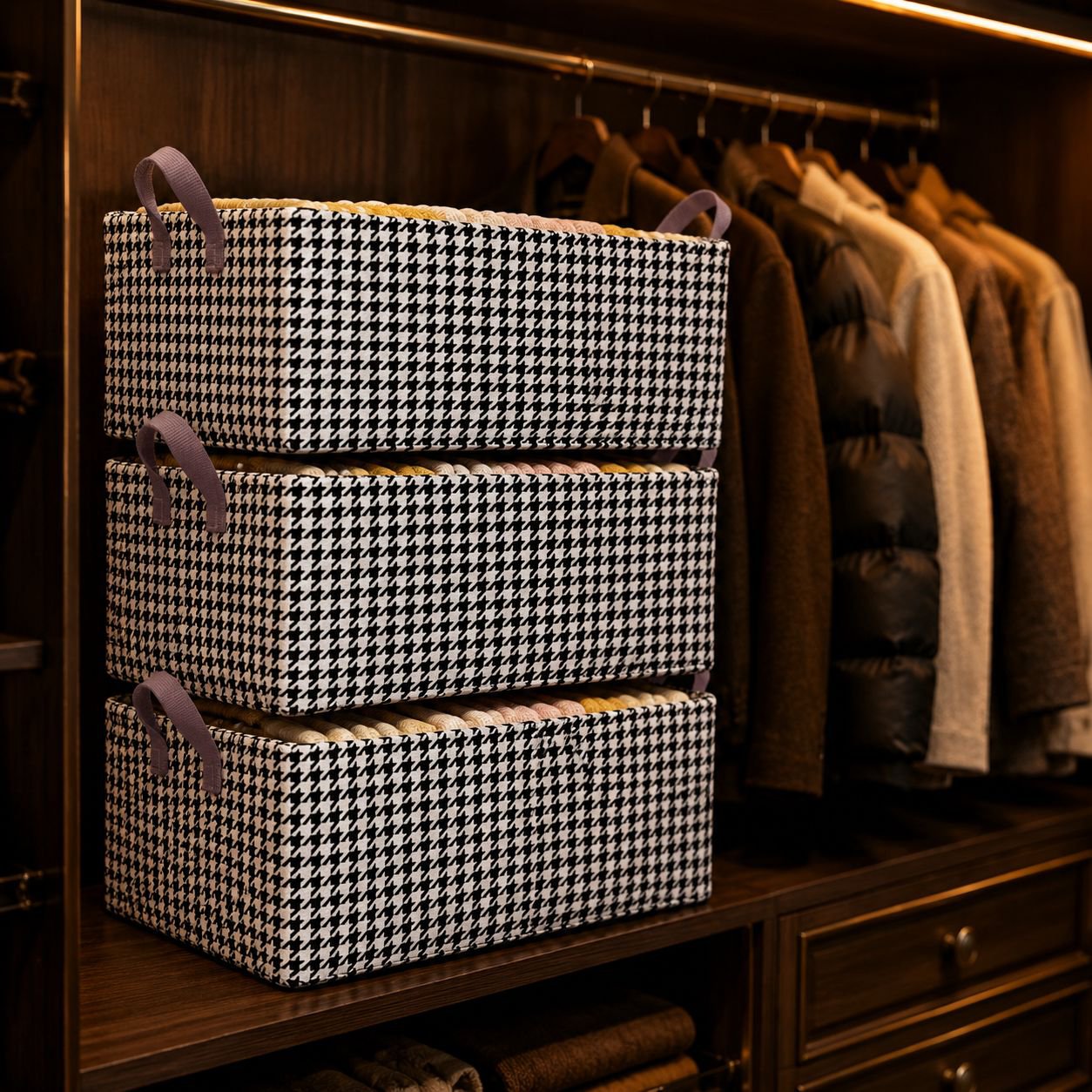 Houndstooth Pattern Steel Foldable Clothes Organizer Box with Handle, Suitable for Pants