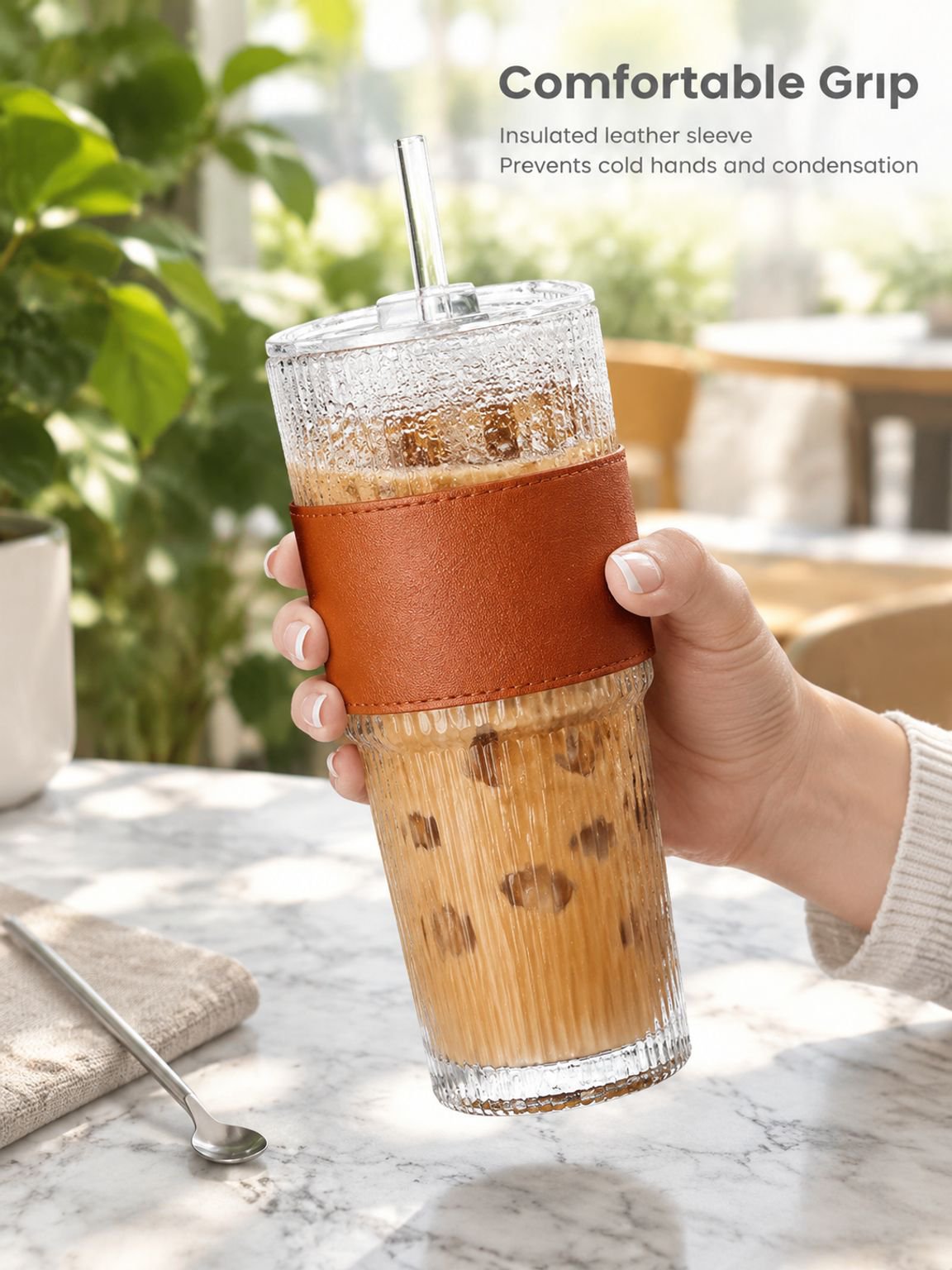 Stylish transparent glass cup for iced coffee and cold drinks