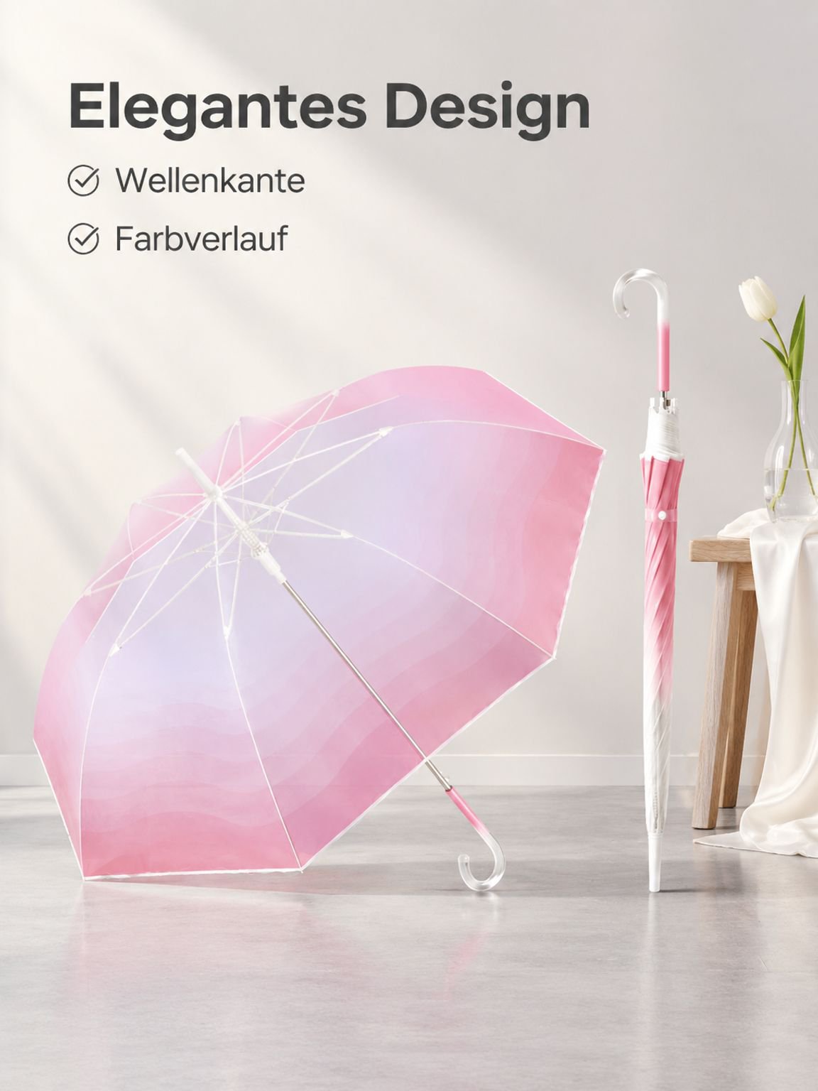  Transparenter Verlaufs-Regenschirm für Damen, automatische Öffnung, Wellenrand-Design