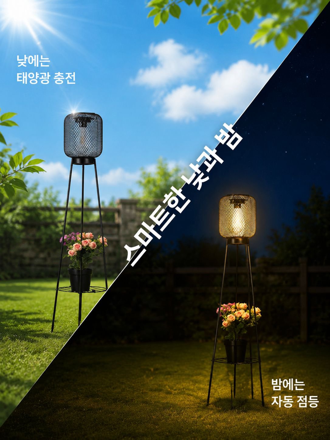 야외 발코니 꽃바구니 삼각대 태양광 장식등