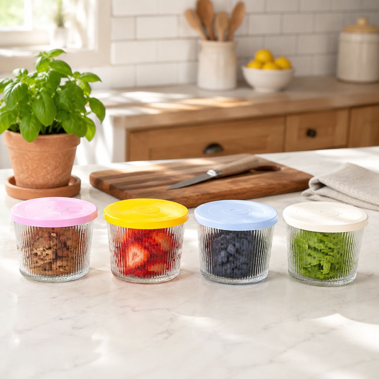Household Refrigerator Compatible, Lidded Vertical Stripe Round Glass Food Container