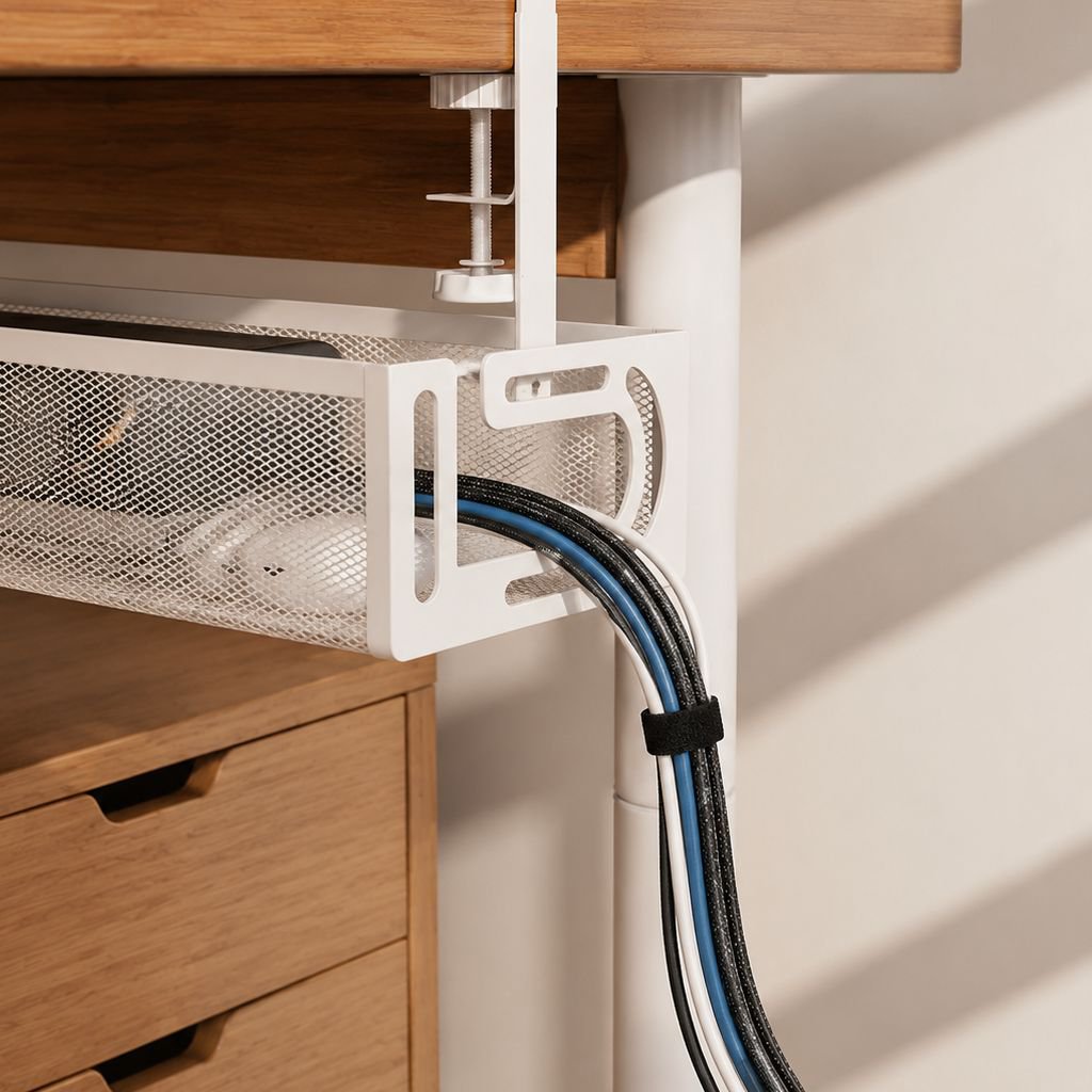 No-Drill Under Desk Power Strip Organizer, Cable Management Tray