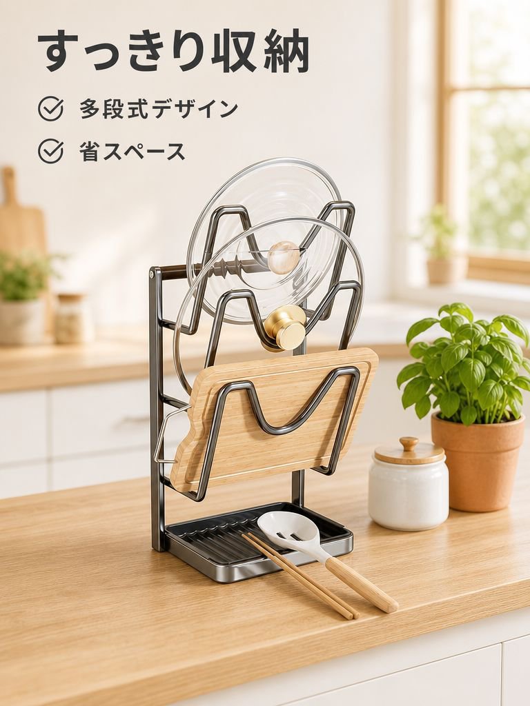 壁掛け式キッチン収納ラック、穴あけ不要の鍋蓋ラック、まな板ラック、多段式収納ラック、水切りまな板ラック