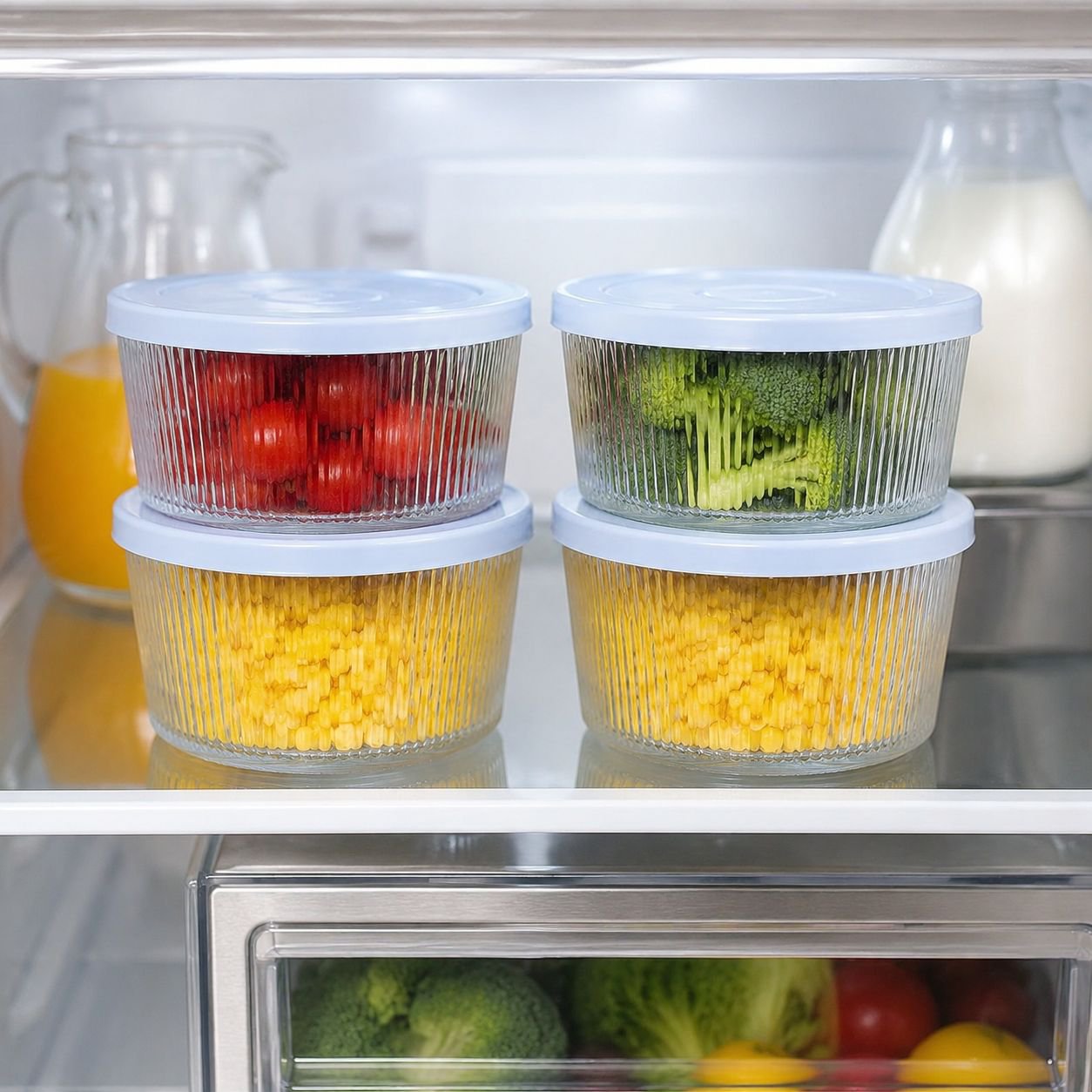 Lidded Vertical Stripe Round Glass Food Container for Household Refrigerator