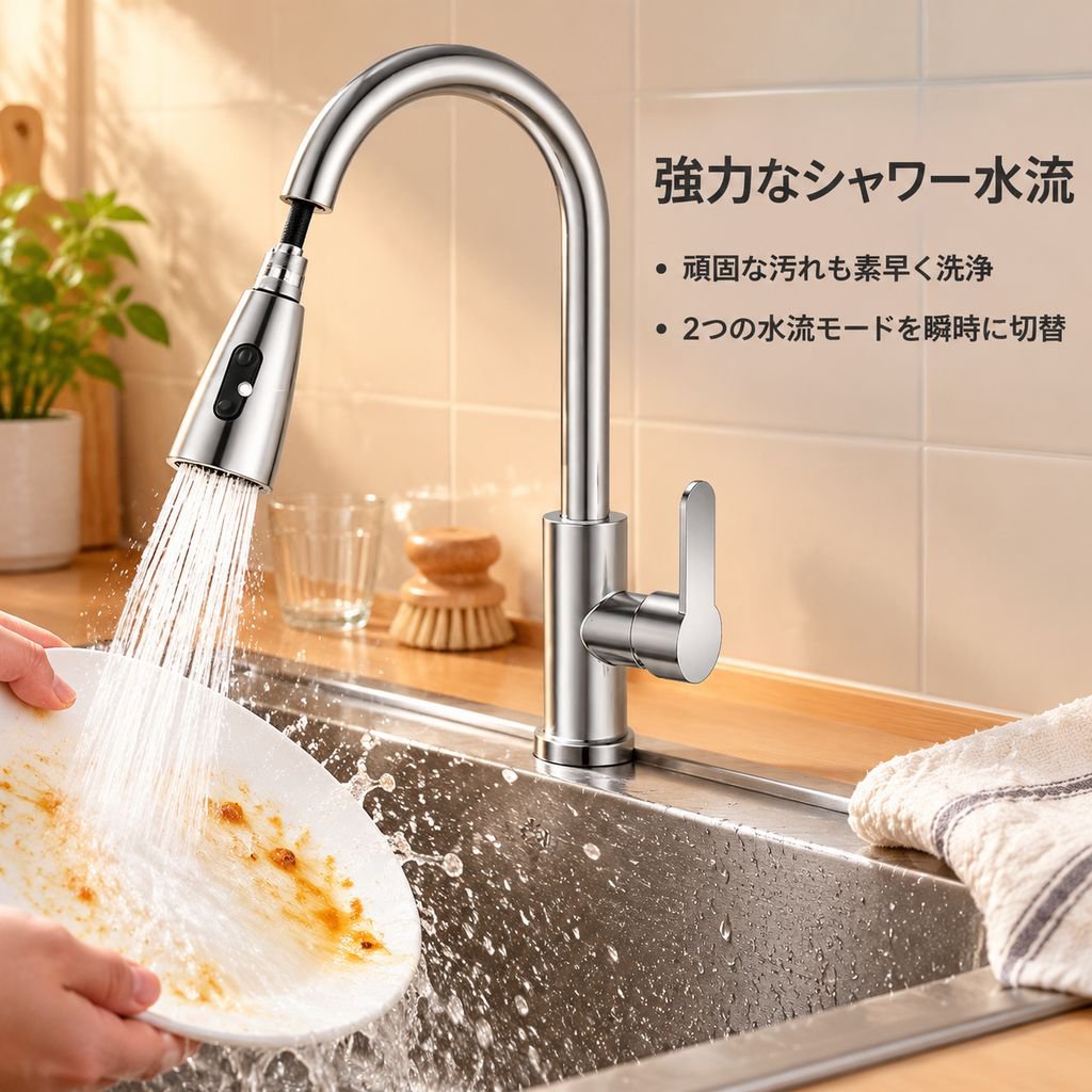 キッチン用引き出し式水栓、温水・冷水兼用、飛沫防止機能付き