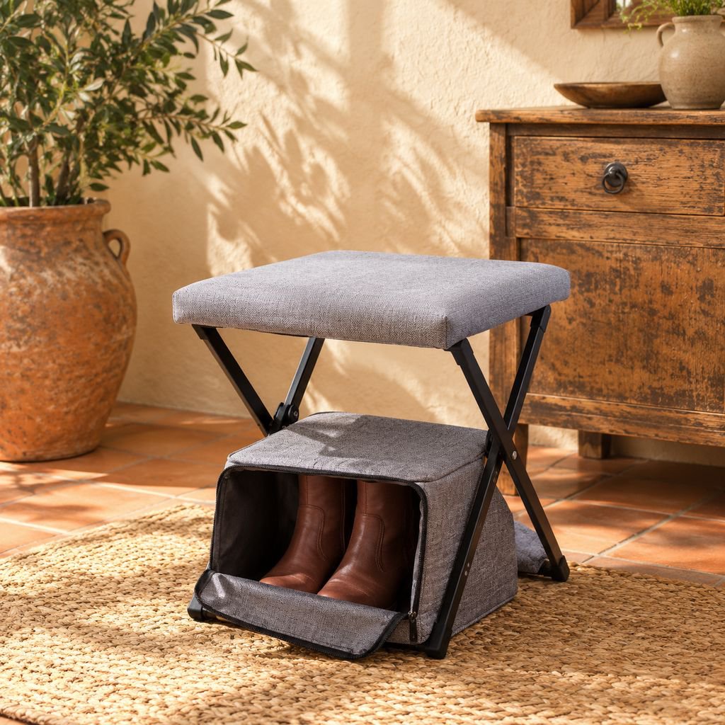 Silla plegable multifuncional con almacenamiento para botas