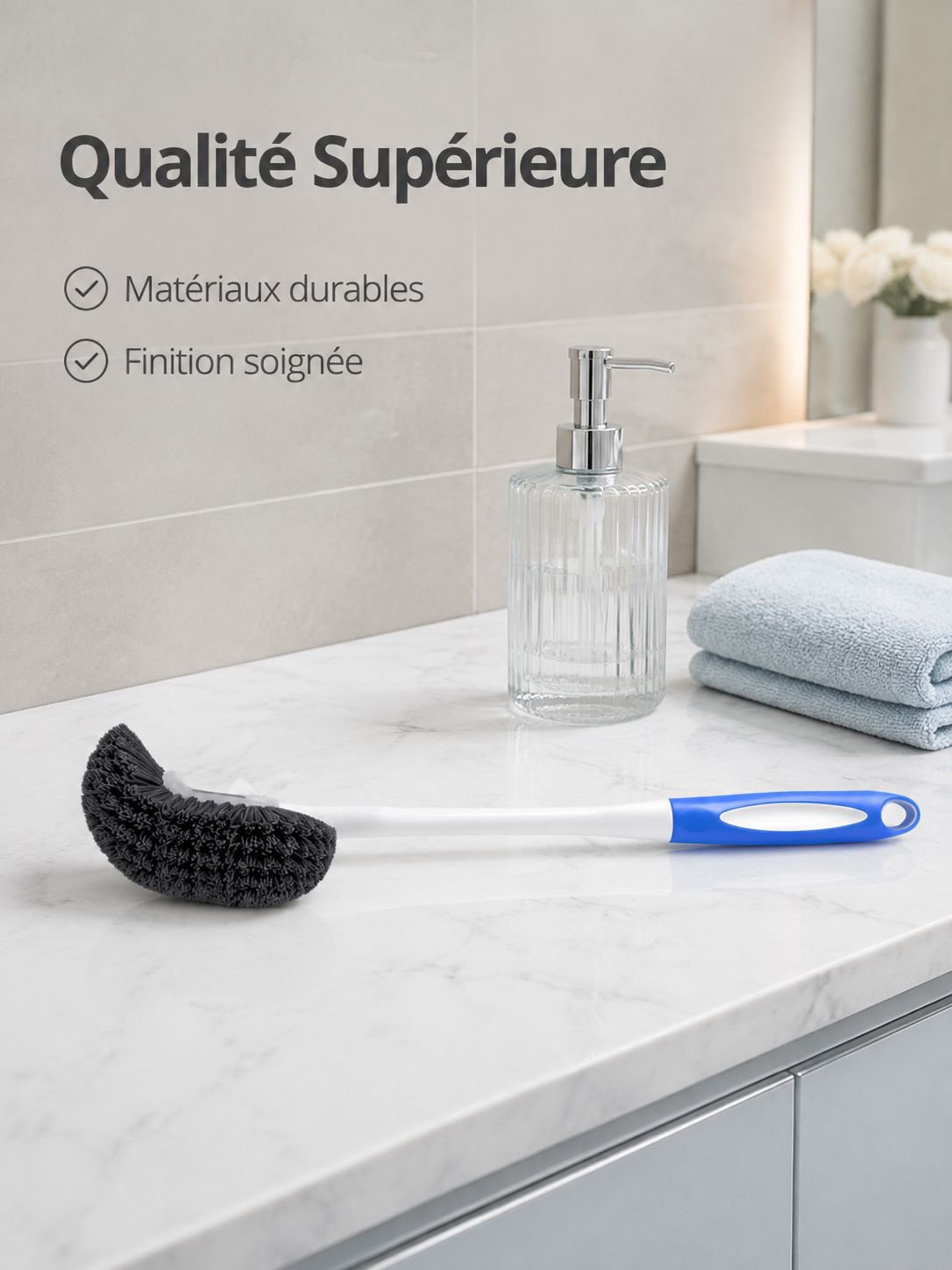 Vue rapprochée de la brosse de toilette à long manche et ses poils résistants