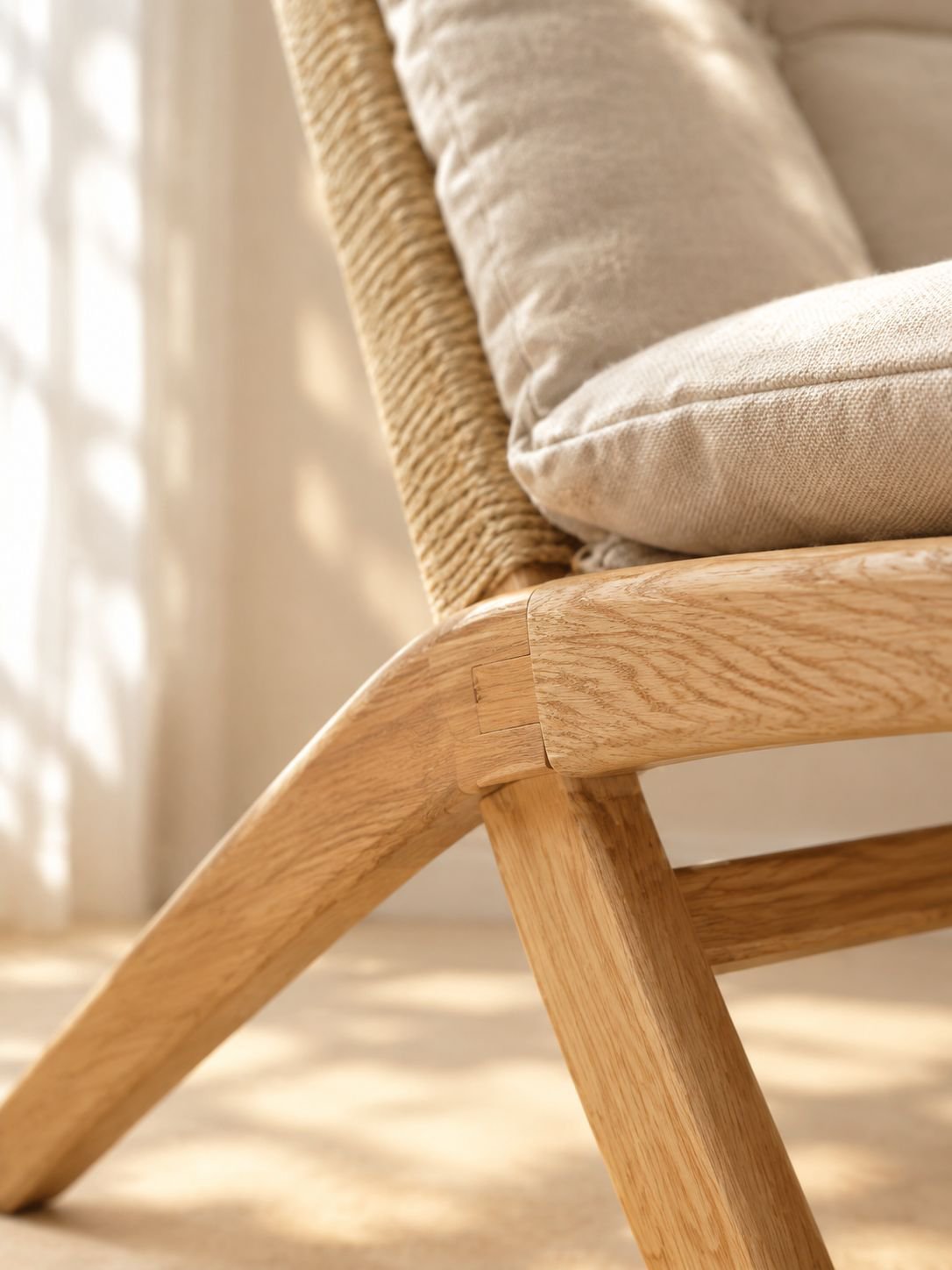 Détail du dossier sculpté du fauteuil en chêne rouge
