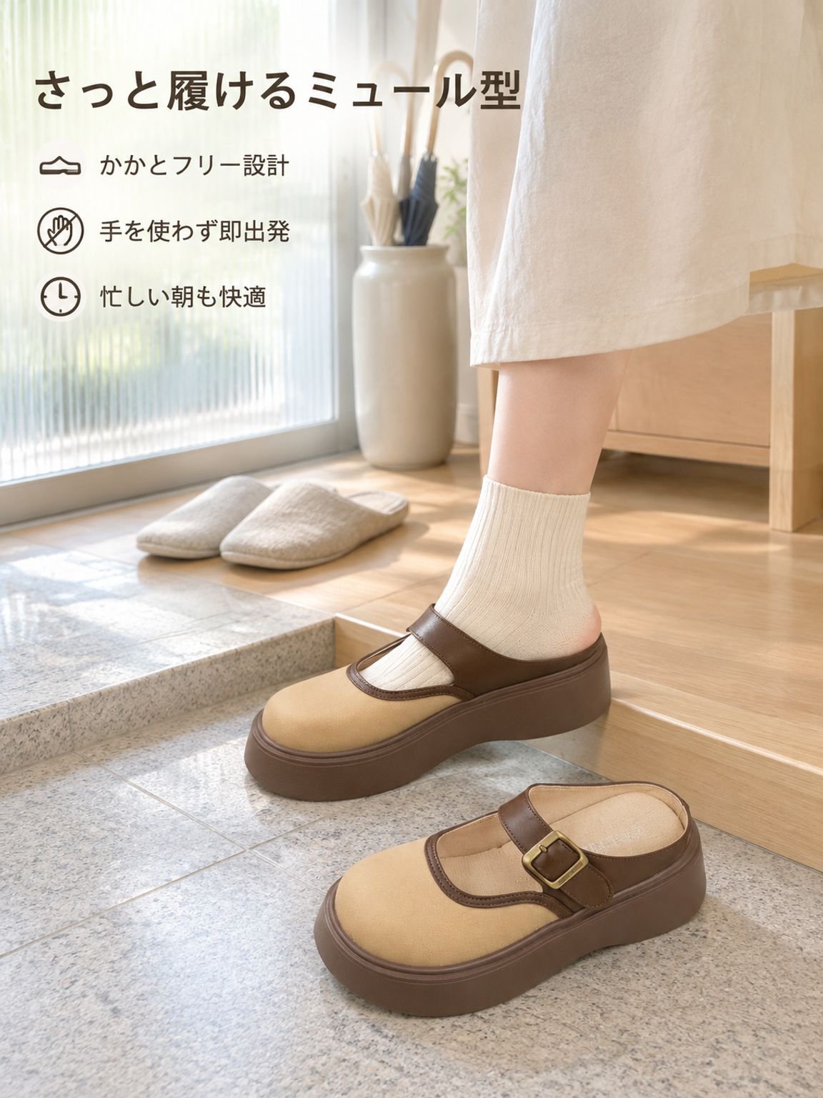 春の新作 厚底で身長アップ 低身長向けミュールローファー