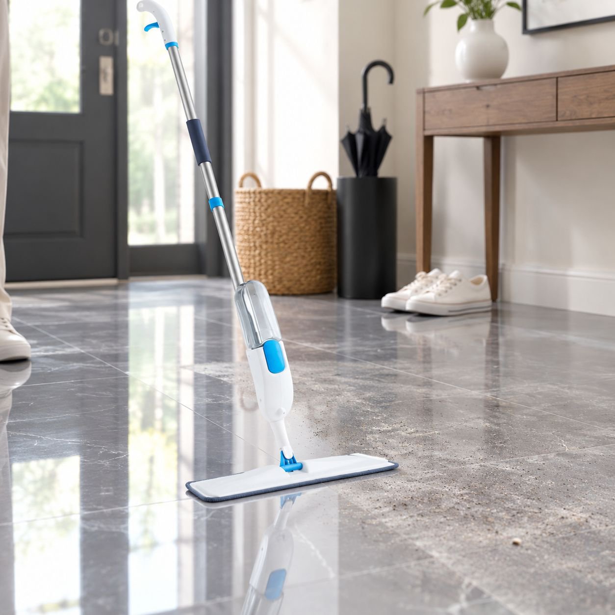 Refillable spray bottle feature on microfiber floor mop