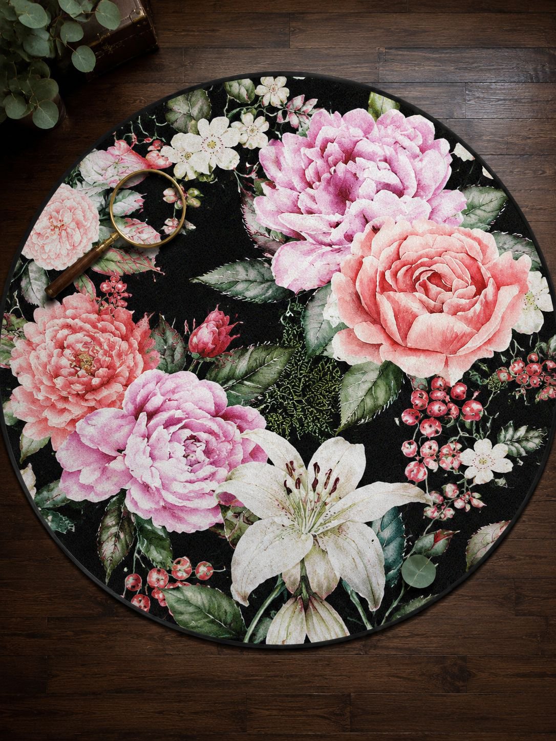 Floral rose rug enhancing cozy coffee corner