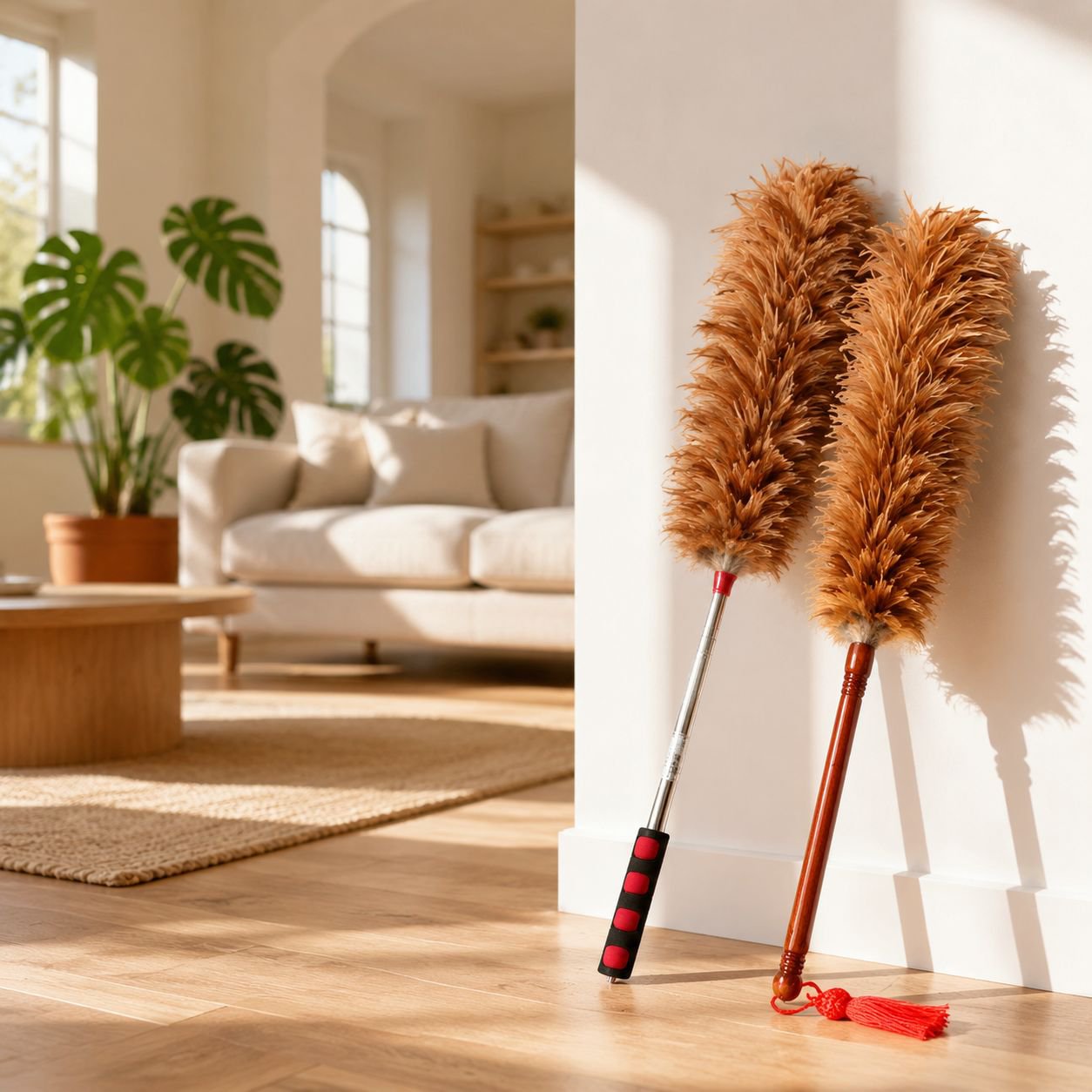 Feather duster, for household and vehicle use, extended and thickened for enhanced flexibility, suit