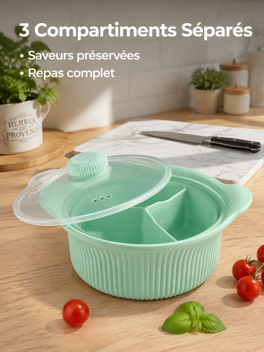 Cuiseur à vapeur multifonction en silicone pour micro-ondes, conception à trois compartiments