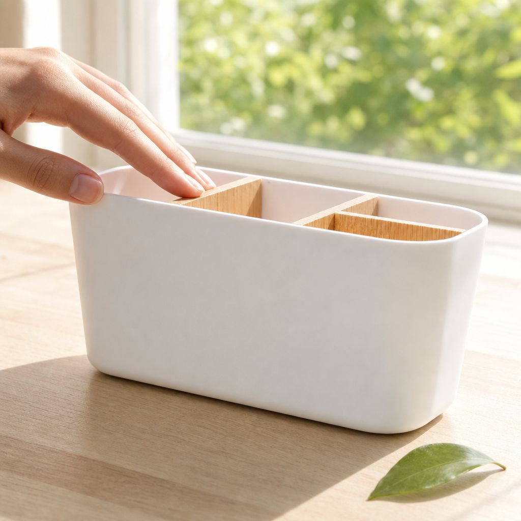 Desktop storage box holding pens and stationery