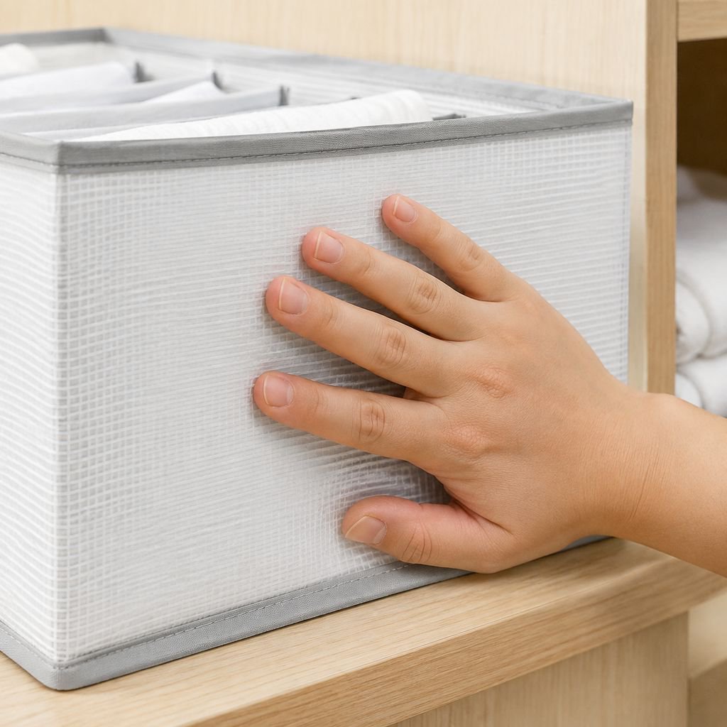Underwear and panties neatly stored in a transparent drawer organizer