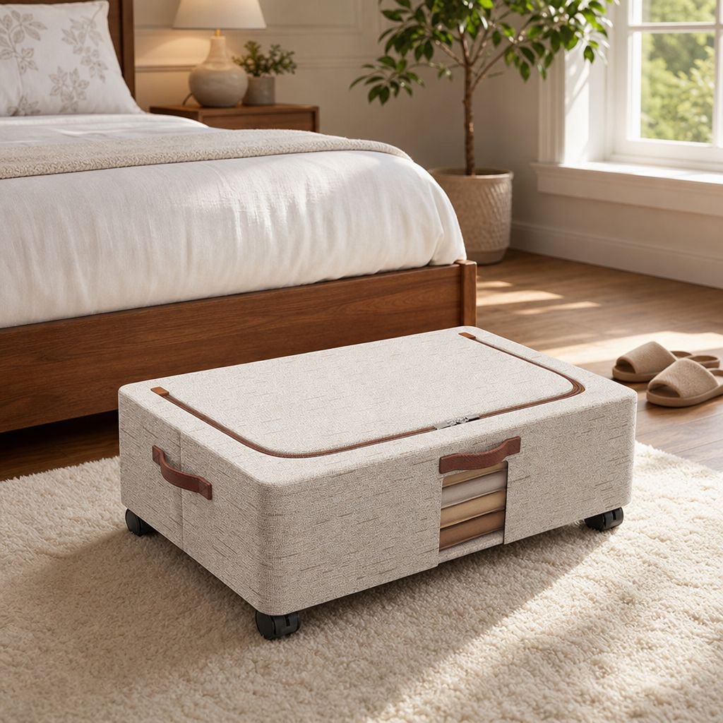 Eco Cotton Linen Under-Bed Storage Bin with Wheels and Lid, Mobile Organizer