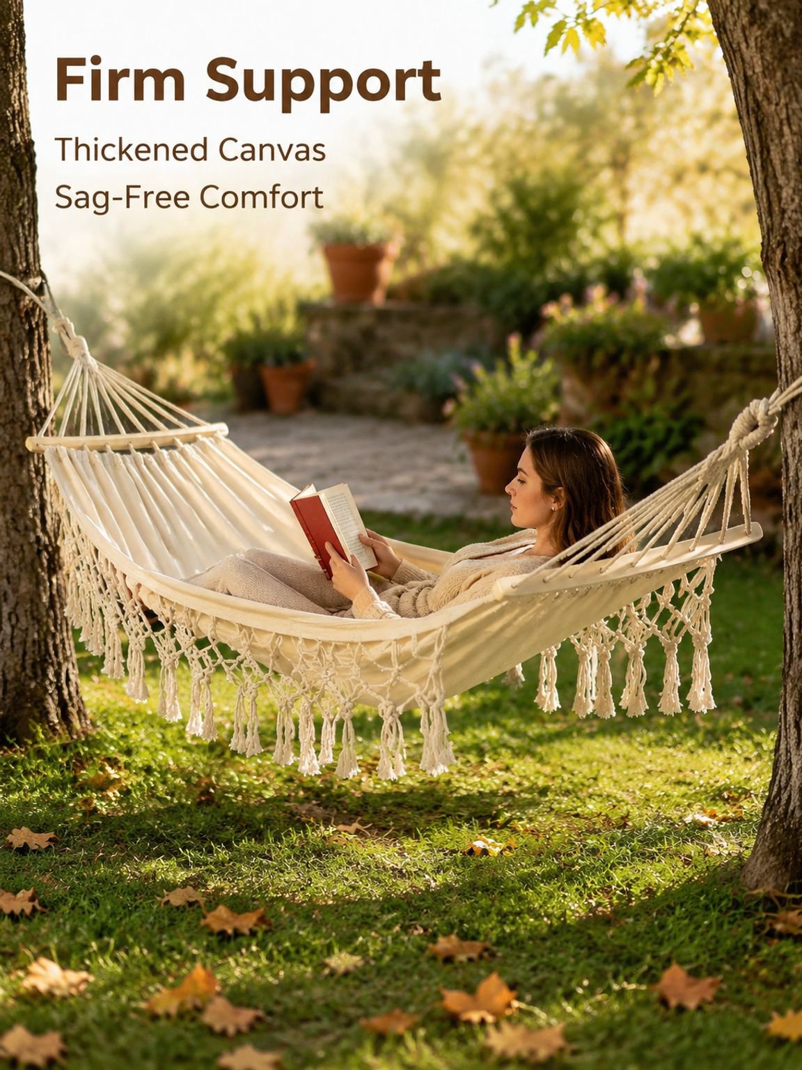 Outdoor Anti-Rollover Canvas Hammock with Tassels for Adults, Perfect for Picnic & Camping