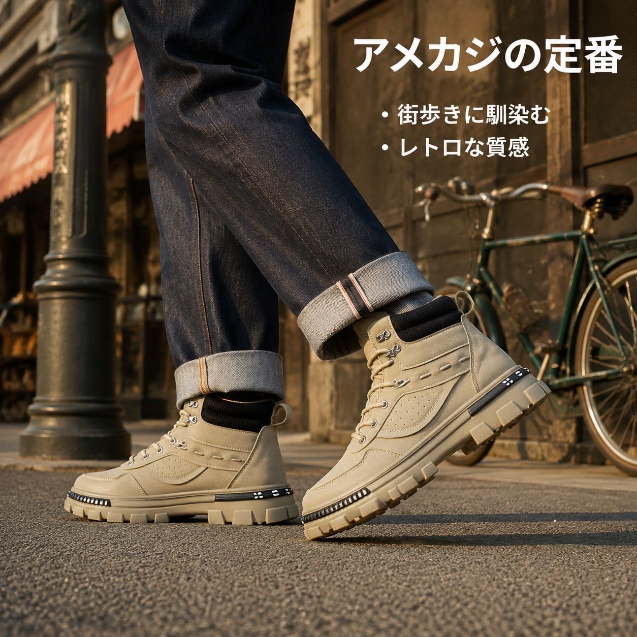 レトロなプラットフォームアンクルブーツ、メンズワークブーツ、ハイカットブーツ