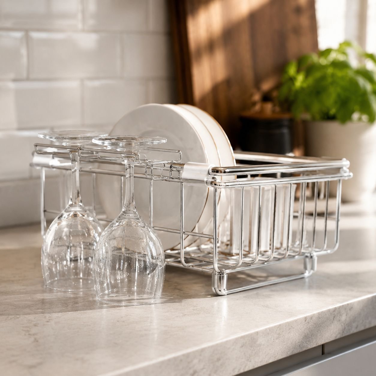 Countertop dish drainer and utensil holder for kitchen sinks