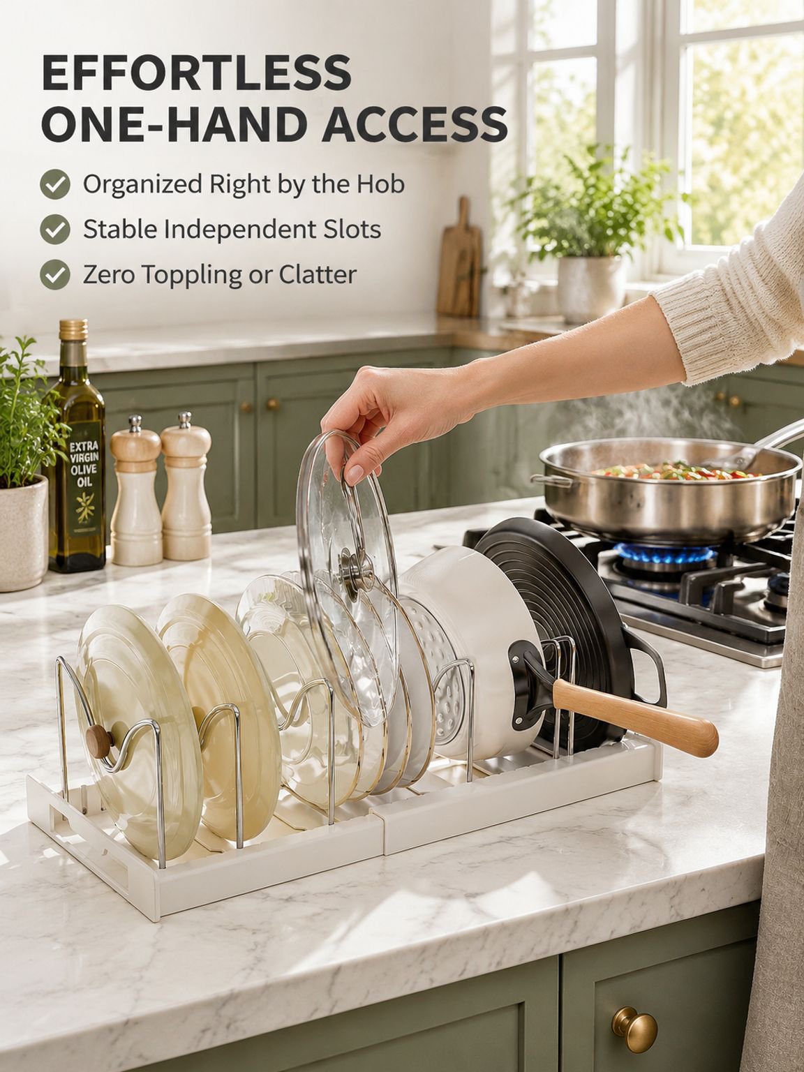 Kitchen cabinet storage rack holding cookware vertically