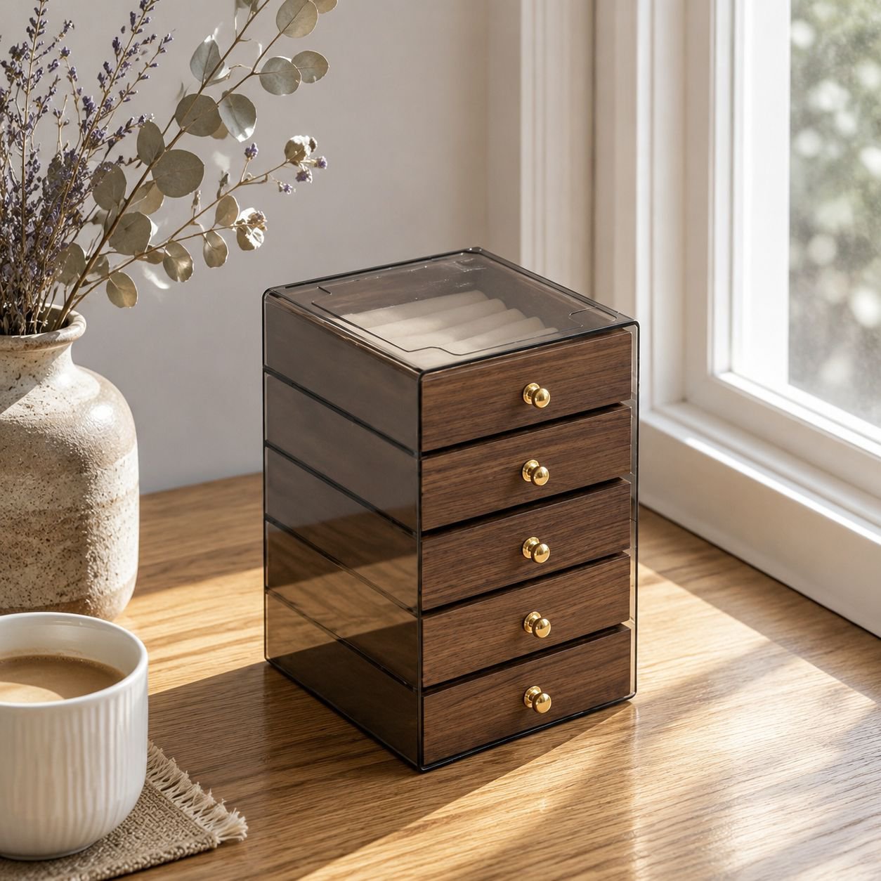 Elegant walnut jewelry box with multiple compartments