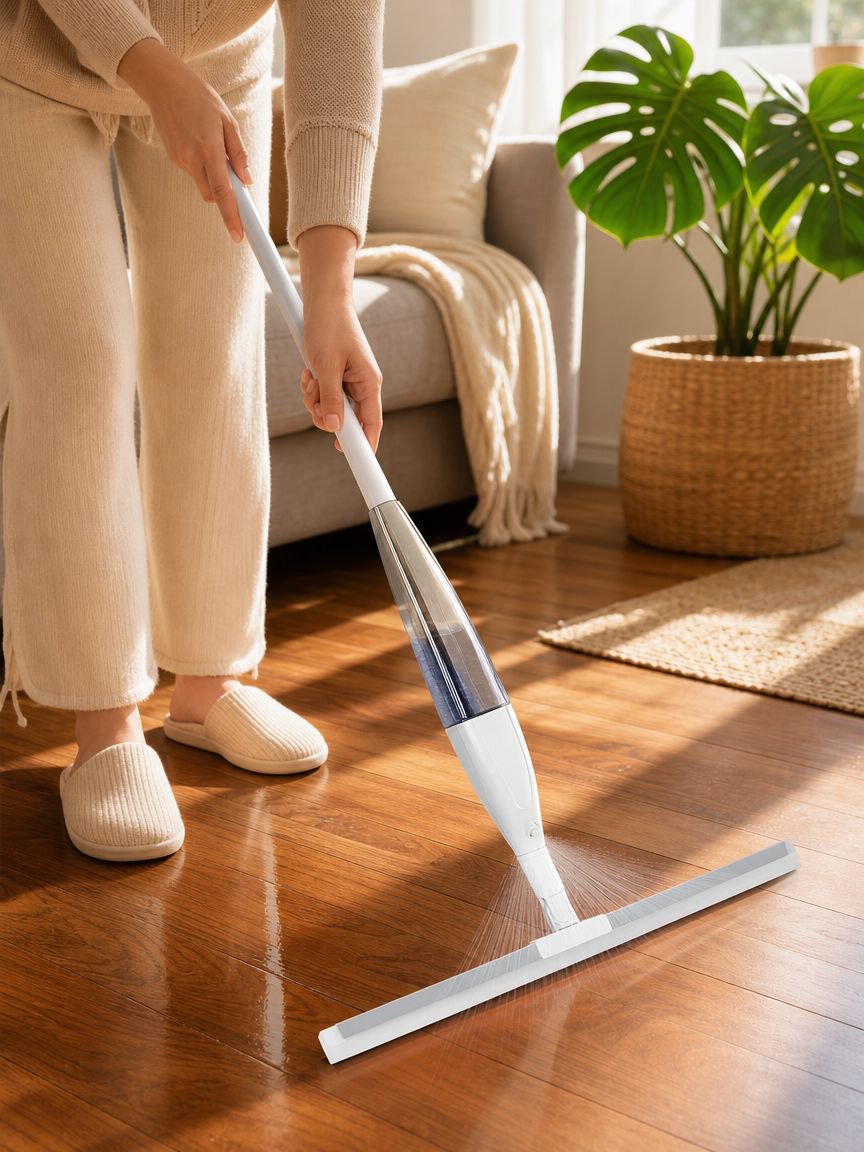 Efficient floor cleaning with water spray broom